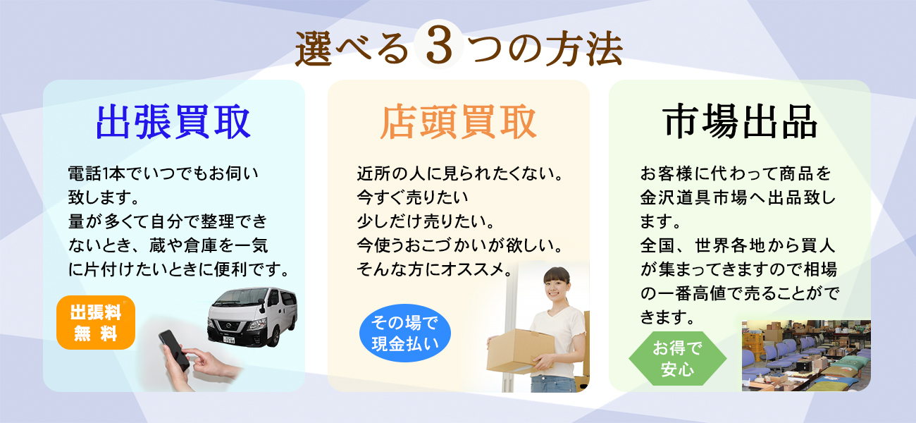 出張買取、電話１本でいつでもお伺い致します。量が多くて自分で整理できないとき、蔵や倉庫を一気に片付けたいときに便利です。出張料無料。持込買取、近所の人に見られたくない。今すぐ売りたい少しだけ売りたい。今使うおこづかいが欲しい。そんな方にオススメ。市場出品、お客様に代わって商品を金沢道具市場へ出品致します。全国、世界各地から買人が集まってきますので、相場の一番高値で売ることができます。
