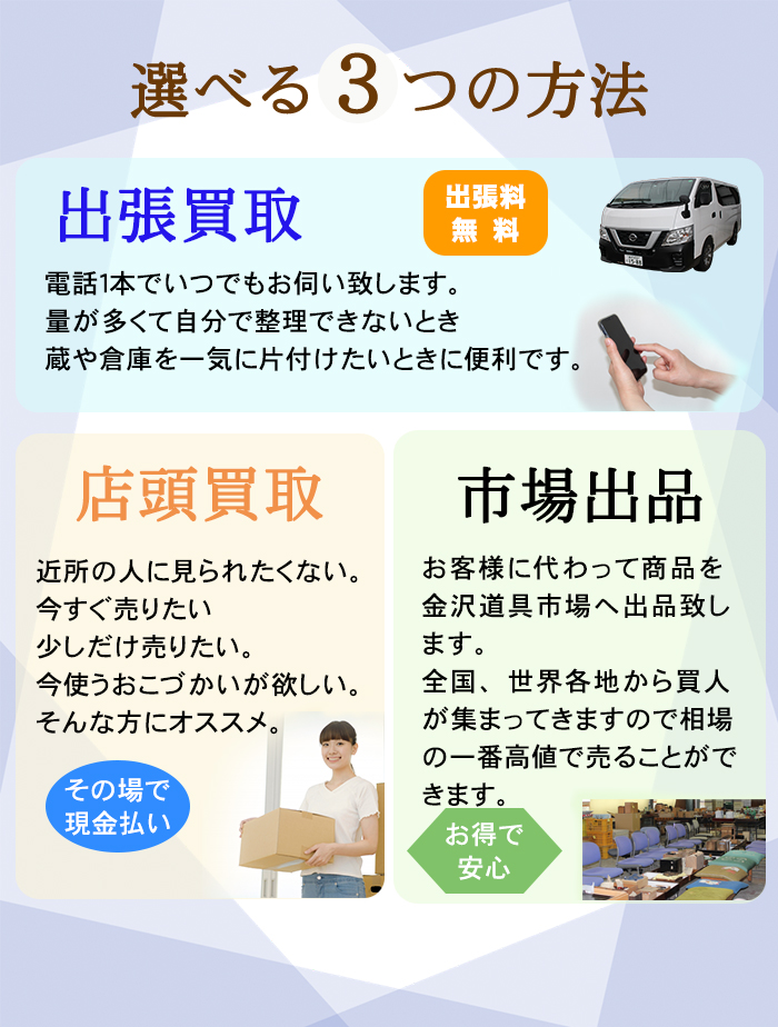 出張買取、電話１本でいつでもお伺い致します。量が多くて自分で整理できないとき、蔵や倉庫を一気に片付けたいときに便利です。出張料無料。持込買取、近所の人に見られたくない。今すぐ売りたい少しだけ売りたい。今使うおこづかいが欲しい。そんな方にオススメ。市場出品、お客様に代わって商品を金沢道具市場へ出品致します。全国、世界各地から買人が集まってきますので、相場の一番高値で売ることができます。