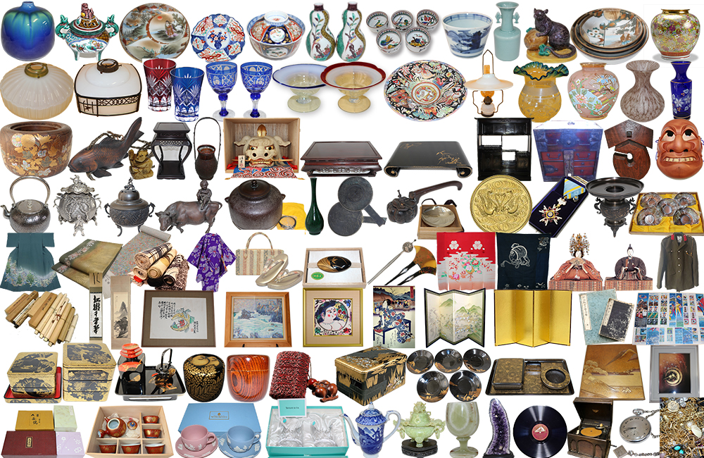 九谷焼　有田伊万里焼　中国青磁　瀬戸物　置物　徳利　花生け　お茶道具　抹茶碗　茶入　水差し　建水　香合　三つ鉢　お皿　蕎麦猪口　盃　ランプ　ランプ火屋　江戸切子　西洋グラス　ステンドグラス　カットグラス　アイスクリームカップ　戦前のガラス製品　唐木棚　花梨座卓　全国各地方古箪笥　船箪笥　帳場箪笥　大和火鉢　桐火鉢　臼　自在鉤　桐小箪笥　根付　各種古民具　鉄瓶　銀瓶　銀盃　各種メダル　勲章　高岡銅器　置物　銀製煙管　矢立　鎧　甲冑　槍　刀剣　鍔　古手鏡