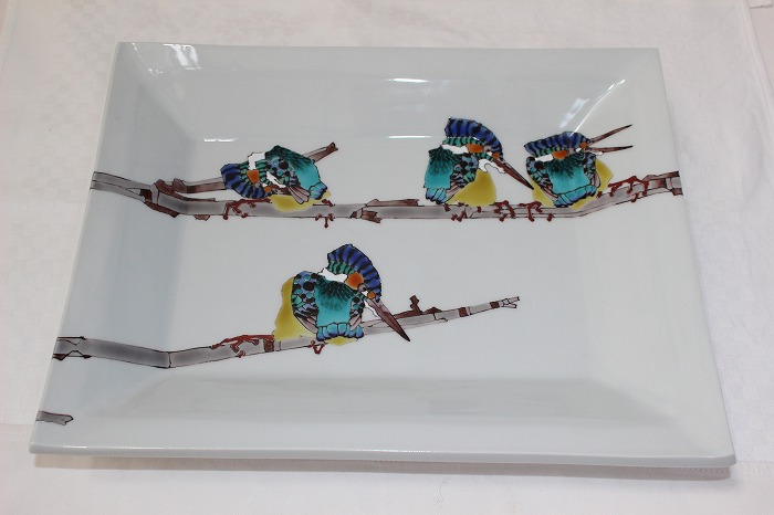 九谷色染付川蝉文長角絵皿　　九谷超人気作家　武腰潤作